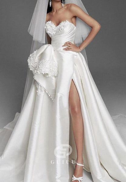 A-Line Strapless Sleeveless Bowknot Sequins Slit Wedding Dress