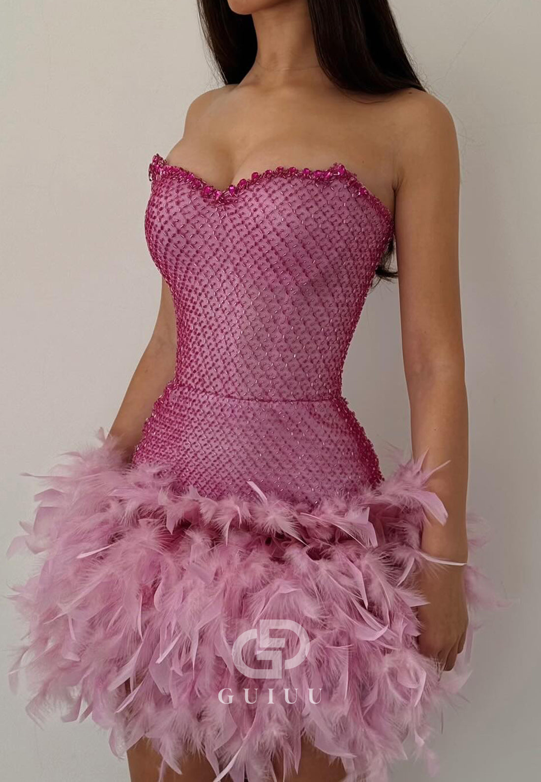 A-Line Strapless Sleeveless Feathers Mini Homecoming Dress