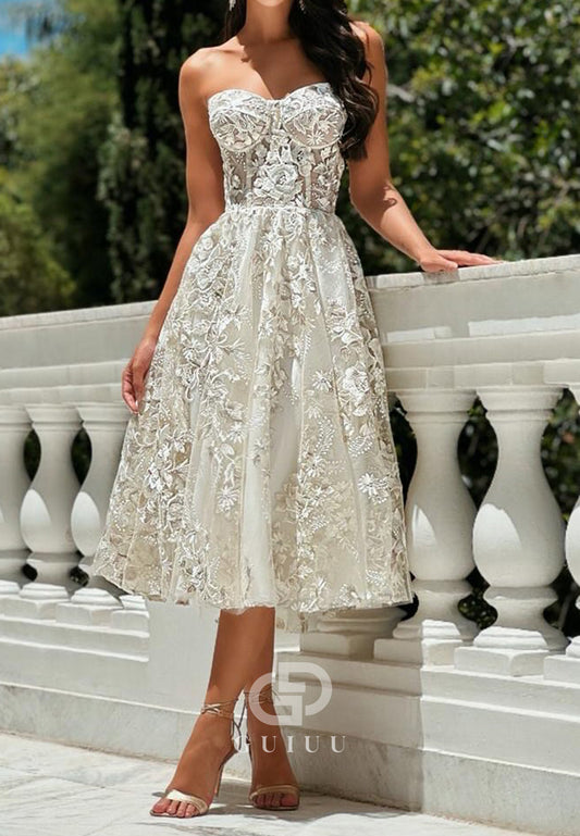 A-Line Strapless Sleeveless Floral Appliques Prom Dress