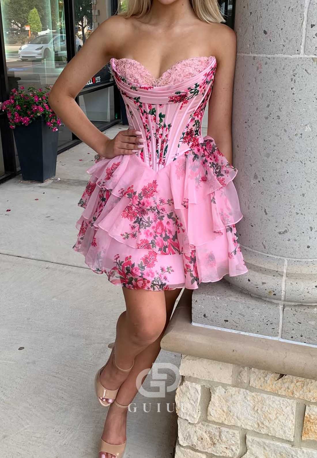 A-Line Strapless Sleeveless Ruffles Corset Homecoming Dress