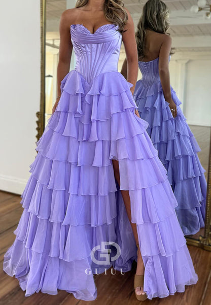 A-Line Strapless Sleeveless Slit Ruffles Prom Dress
