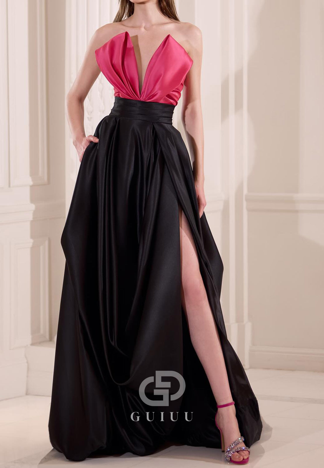 A-Line Strapless Sleeveless Slit Satin  Evening Dress
