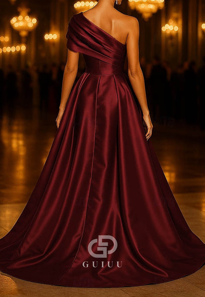 A-Line Sweep Train Evening Gown One Shoulder Formal Dress