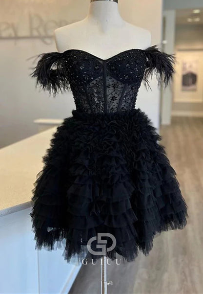 A-Line Sweetheart Sleeveless Corset Tulle Feathers Homecoming Dress