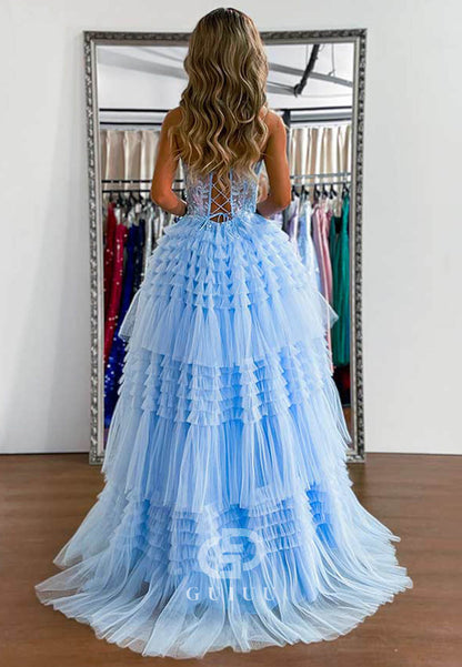 A-Line Sweetheart Sleeveless Tulle Ruffles Prom Dress