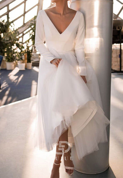 A-Line V-Neck Tea-Length Elastic Satin Wedding Dress With Long Sleeves