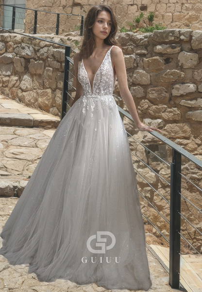 A-Line  Pleated Tulle Backless Wedding Dress V-Neck with Beads and Straps