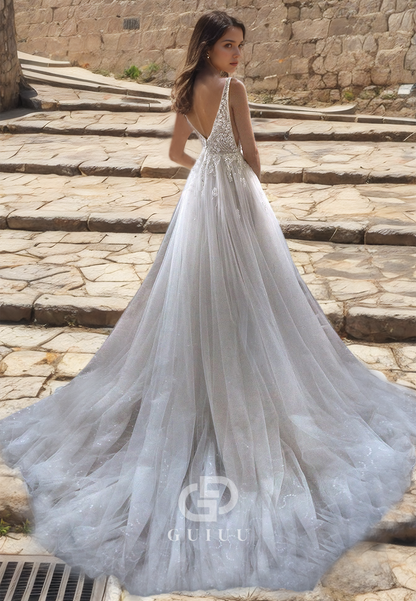 A-Line  Pleated Tulle Backless Wedding Dress V-Neck with Beads and Straps