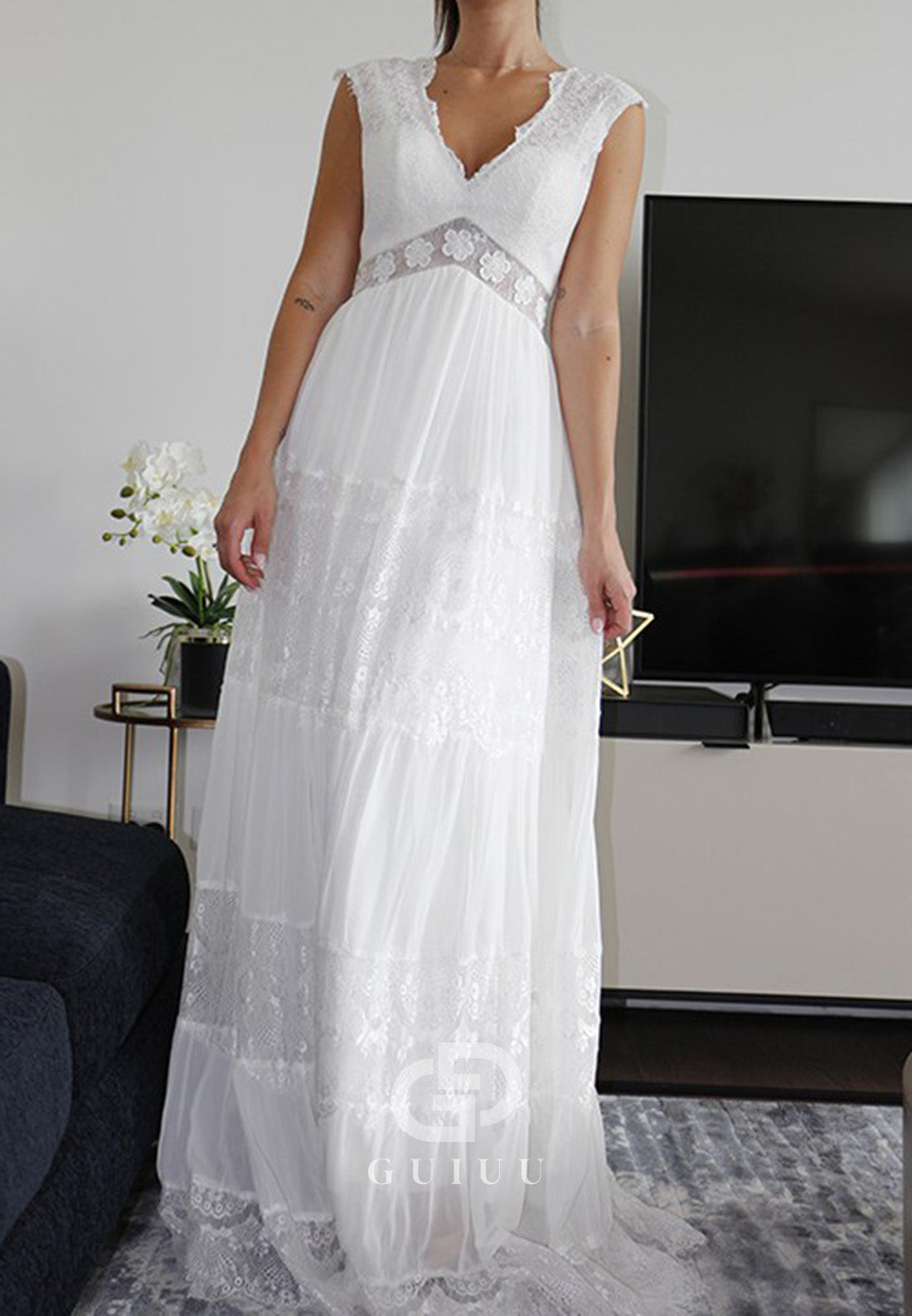 A-Line Princess V-neck Short Sleeves Lace Ruched Floor-Length Wedding Dresses