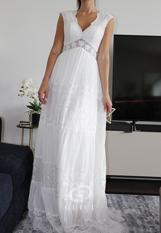 A-Line Princess V-neck Short Sleeves Lace Ruched Floor-Length Wedding Dresses