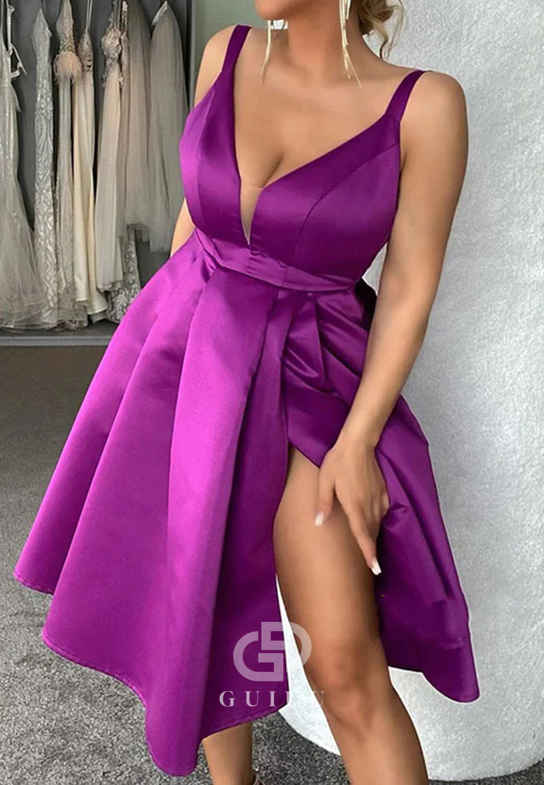 A-Line Satin Plunging Neckline Homecoming Prom Dresses With Slit