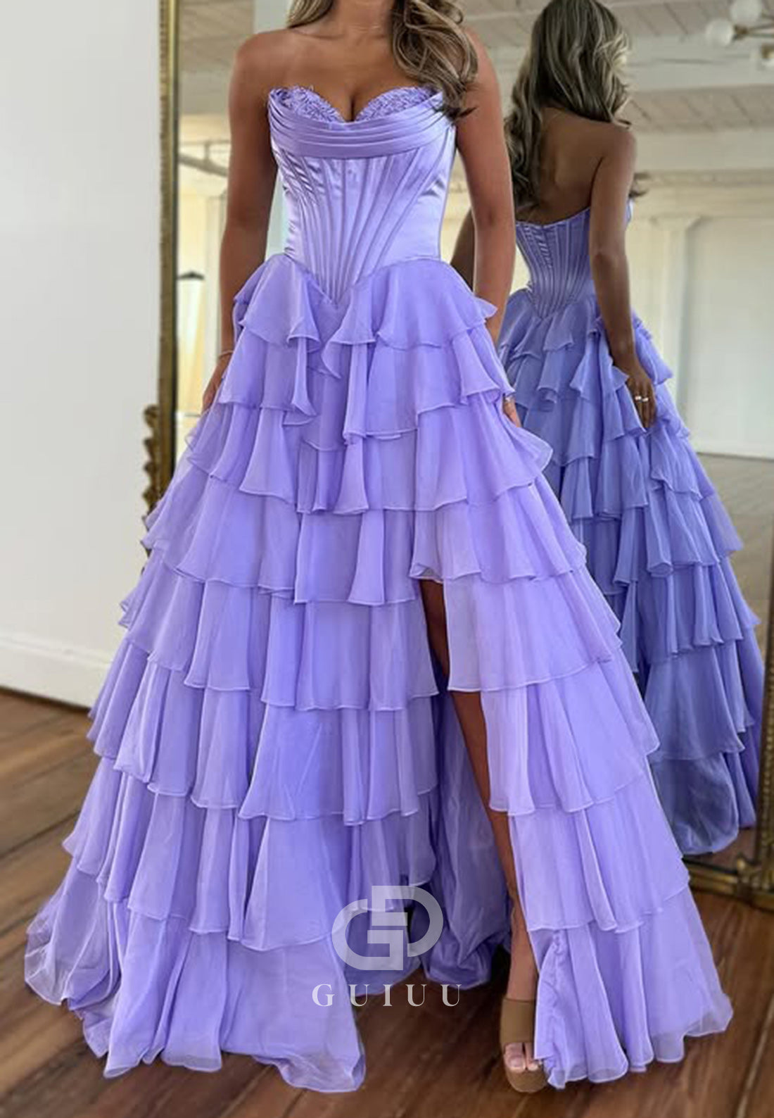 A-Line Sleeveless Strapless Prom Dress with Slit Ruffles Evening Dress