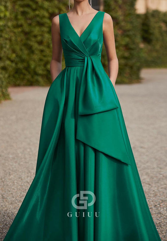 A-Line Spaghetti Straps V-Neck Ruched Bowknot Satin Evening Dress