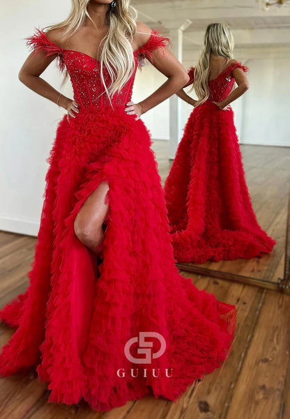 A-Line Sweetheart Tiered Tulle Long Prom Dress With Slit