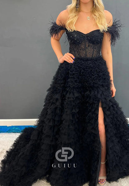 A-Line Sweetheart Tiered Tulle Long Prom Dress With Slit