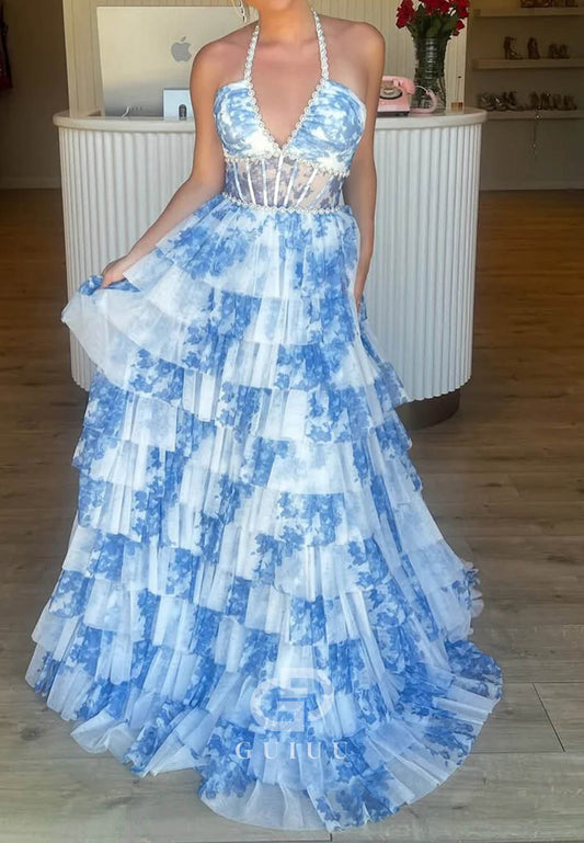 A-Line Tulle Floral Print Prom Dresses V-Neck Evening Gowns