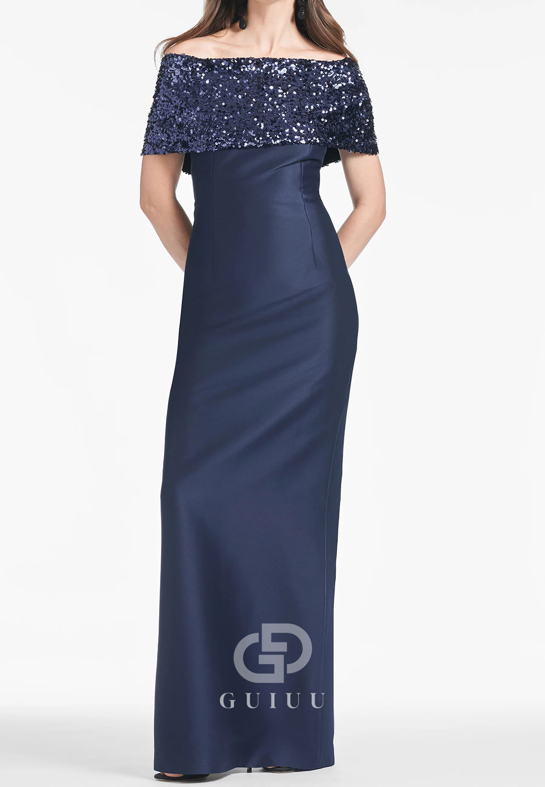 Dark Navy Off-Shoulder Cap Sleeves Satin Mother of the Bride Dress
