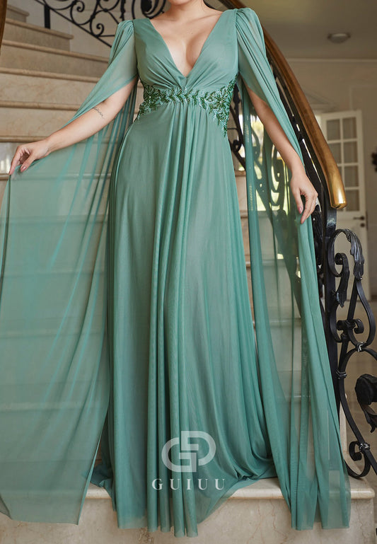 Agave A-Line Cap Sleeves V-Neck Chiffon Mother of the Bride Dress