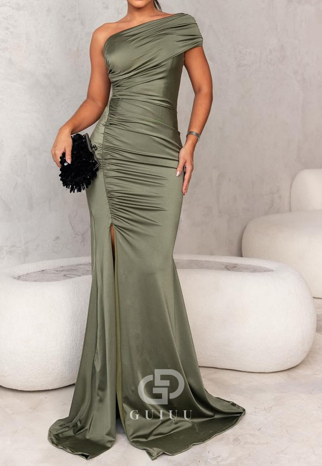 Agave One Shoulder Sleeveless Ruched Evening Dress