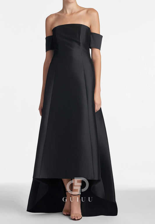 A-Line Off-Shoulder High Low Satin Mother of the Bride Dress