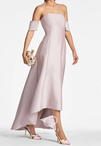 A-Line Off-Shoulder High Low Satin Mother of the Bride Dress