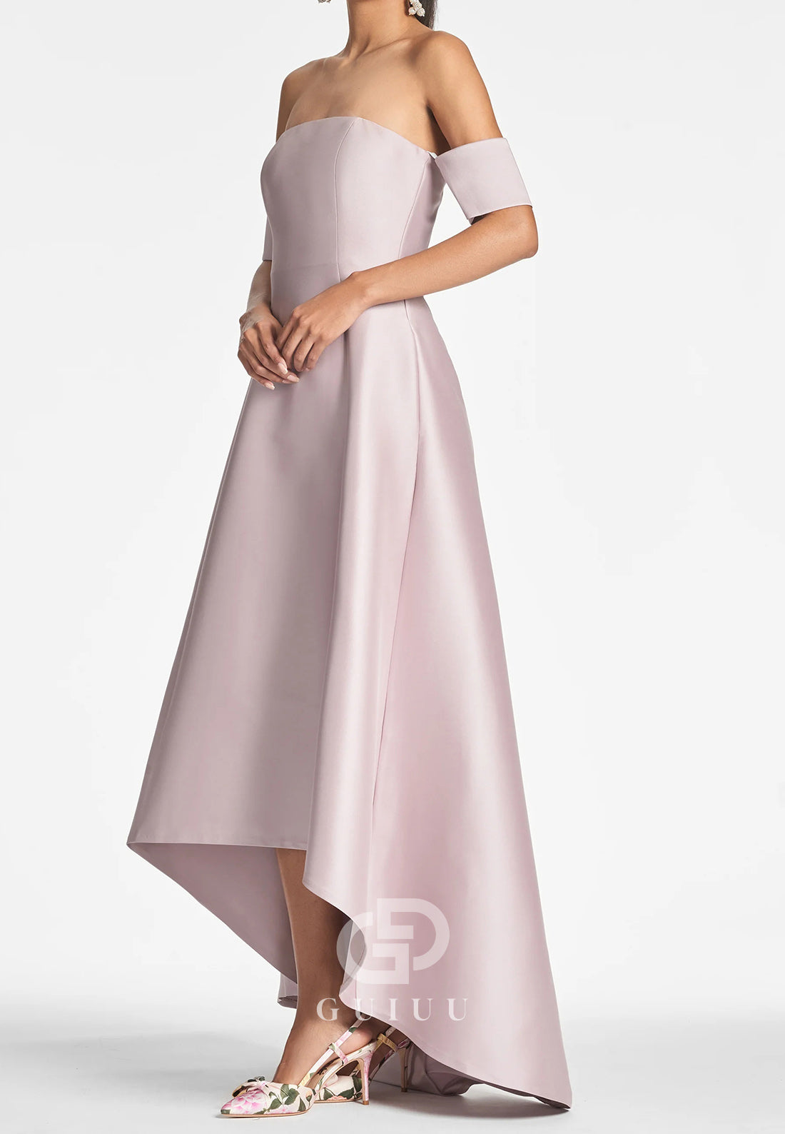 A-Line Off-Shoulder High Low Satin Mother of the Bride Dress