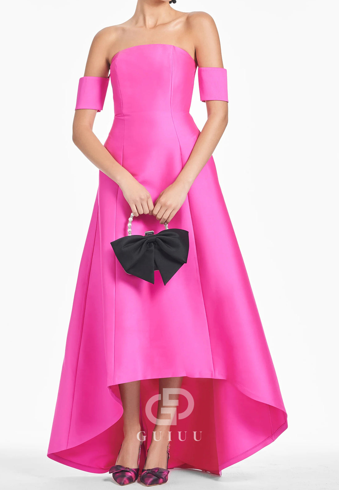 A-Line Off-Shoulder High Low Satin Mother of the Bride Dress