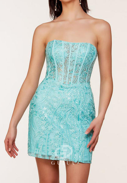 A-Line Sleeveless Strapless Corset Appliques Short Homecoming Dress