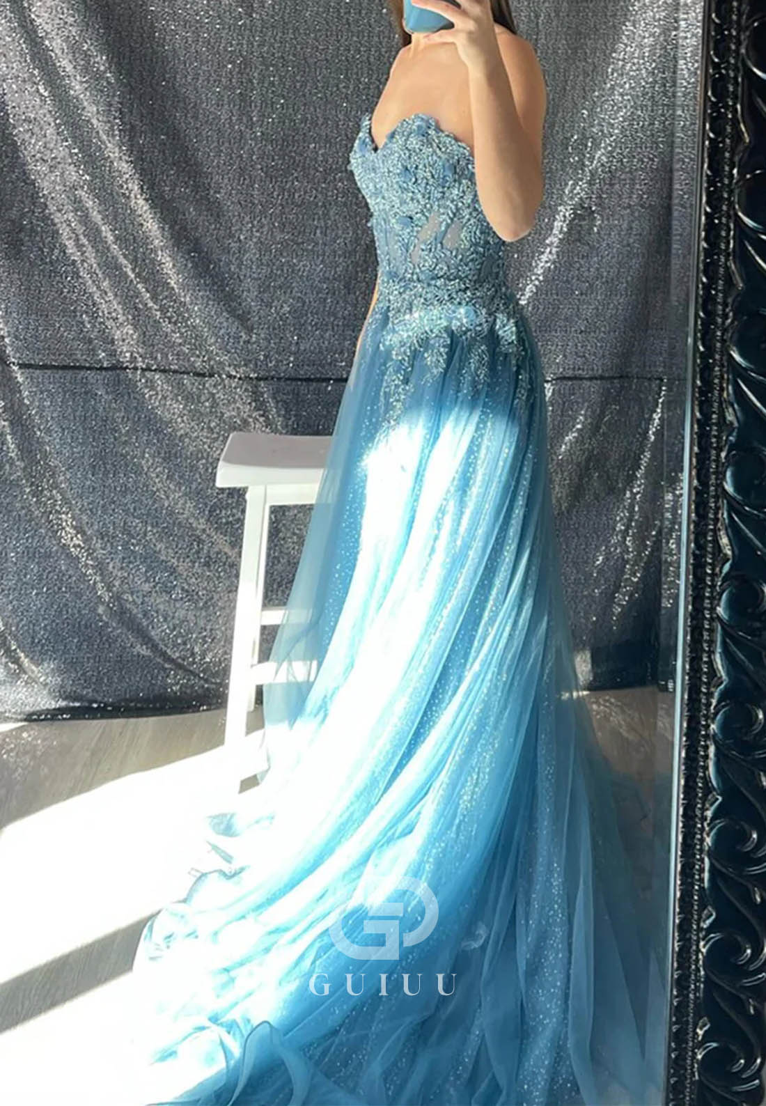 Aqua Strapless Floral Appliques A-line Long Prom Dress