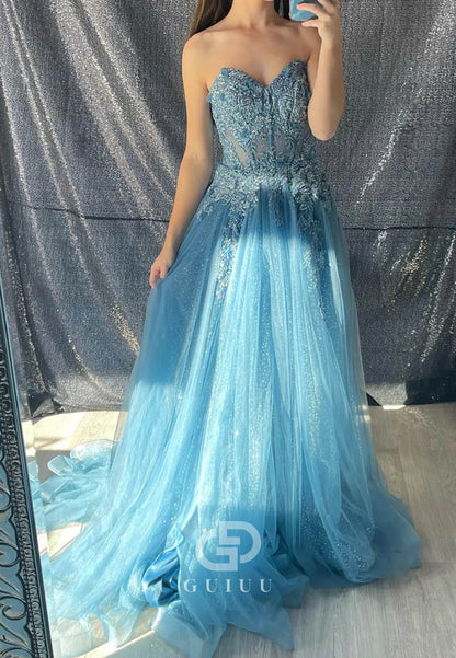 Aqua Strapless Floral Appliques A-line Long Prom Dress