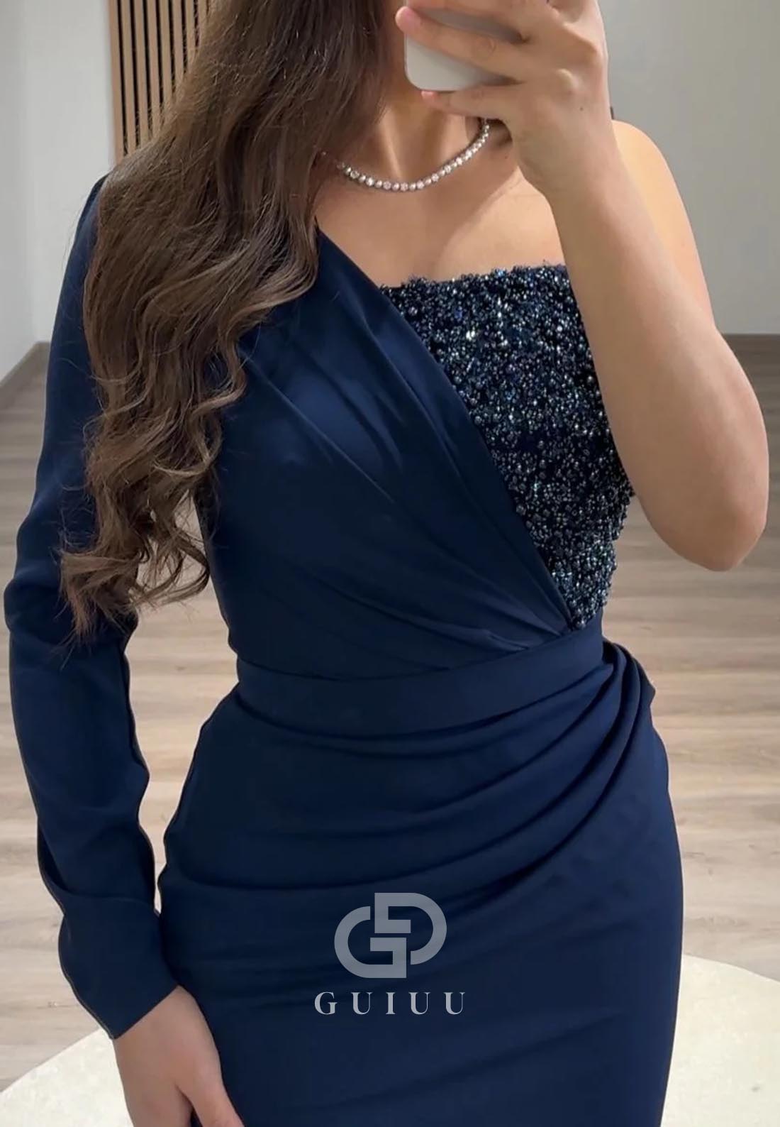 Charming A-Line One Shoulder Long Sleeves Sequins Evening Dress