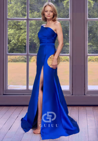 Asymmetrical Royal Blue Trumpet Draped Mother of Bride Dress with Side Slit