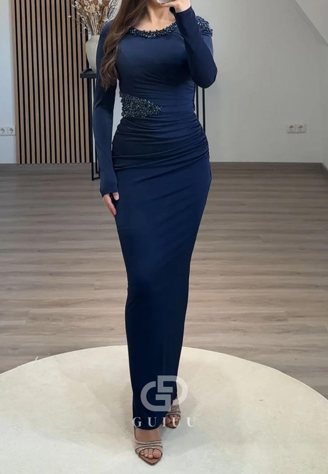 Sheath Long Sleeves Scoop Sequins Ruched Evening Dress