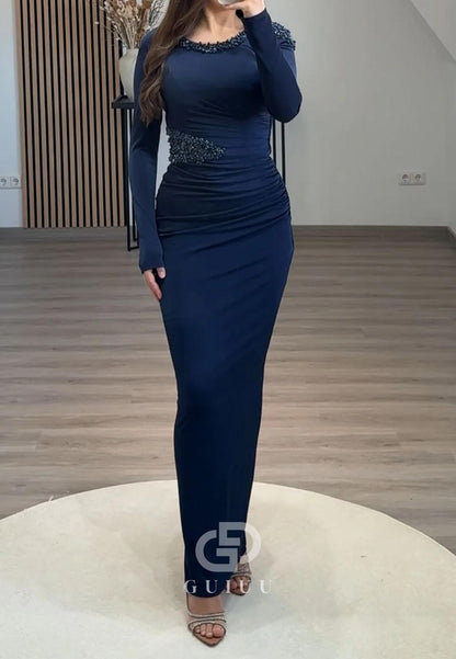 Sheath Long Sleeves Scoop Sequins Ruched Evening Dress