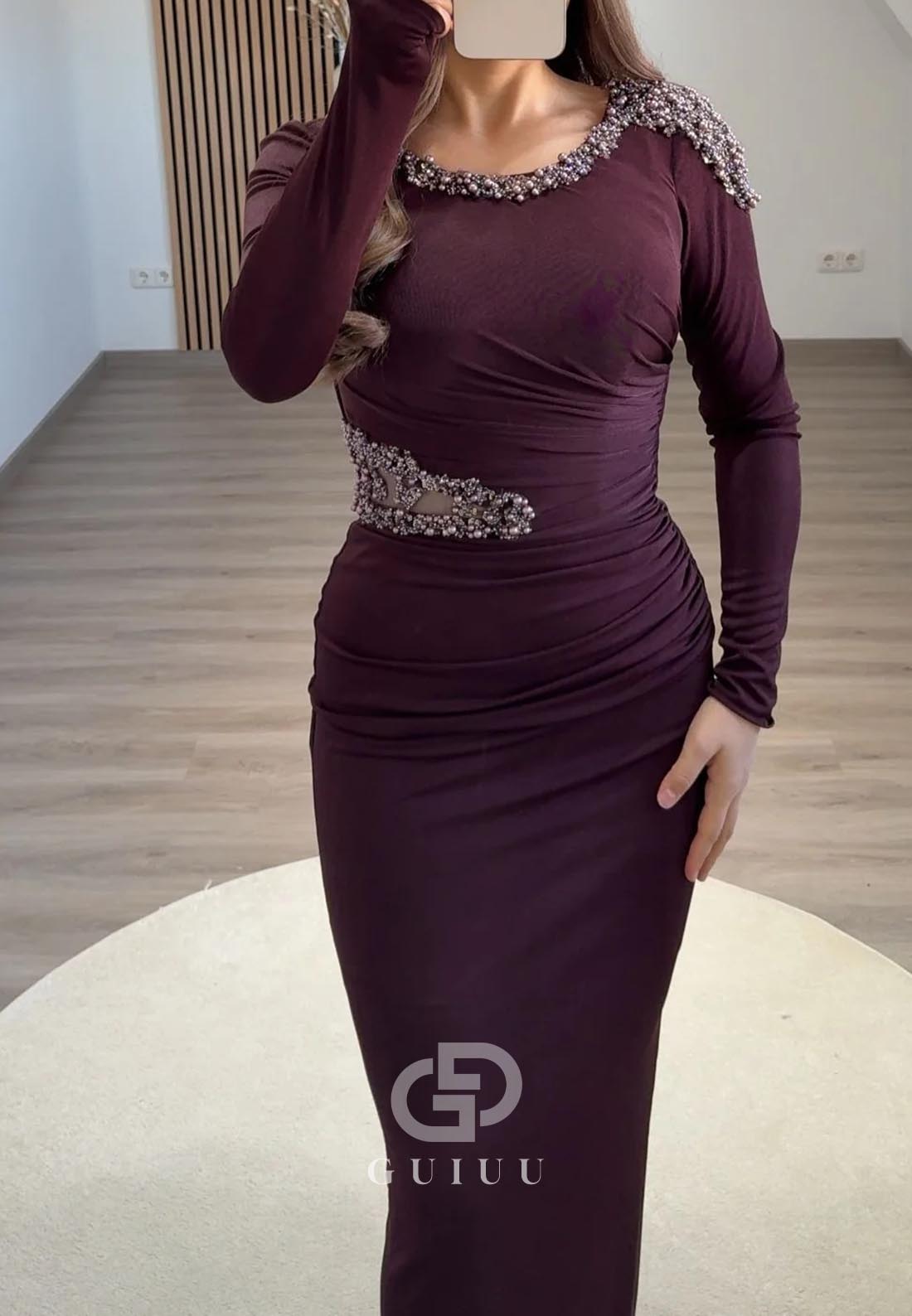 Sheath Long Sleeves Scoop Sequins Ruched Evening Dress