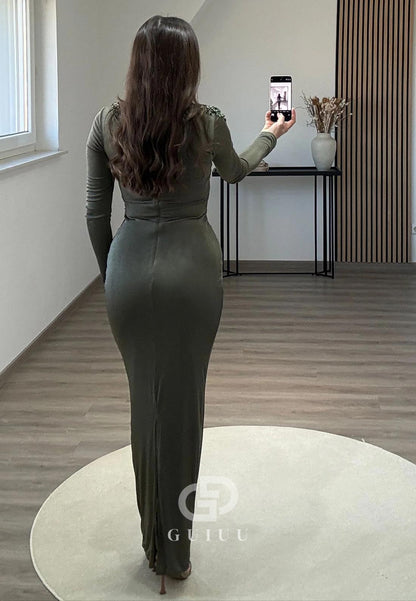 Sheath Long Sleeves Scoop Sequins Ruched Evening Dress