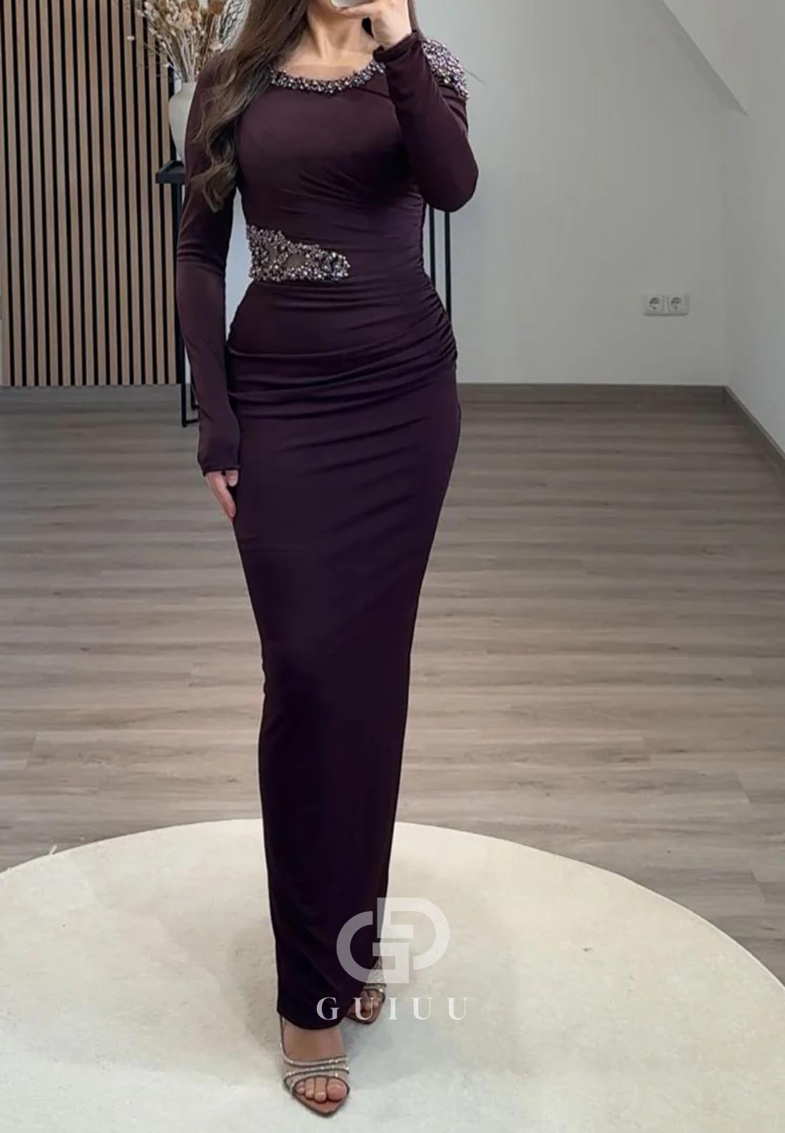 Sheath Long Sleeves Scoop Sequins Ruched Evening Dress