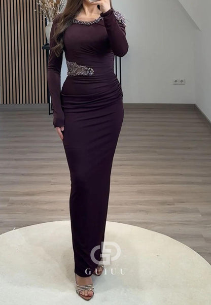 Sheath Long Sleeves Scoop Sequins Ruched Evening Dress