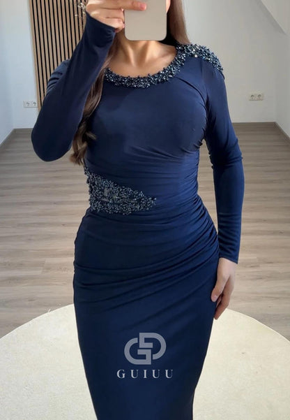 Sheath Long Sleeves Scoop Sequins Ruched Evening Dress