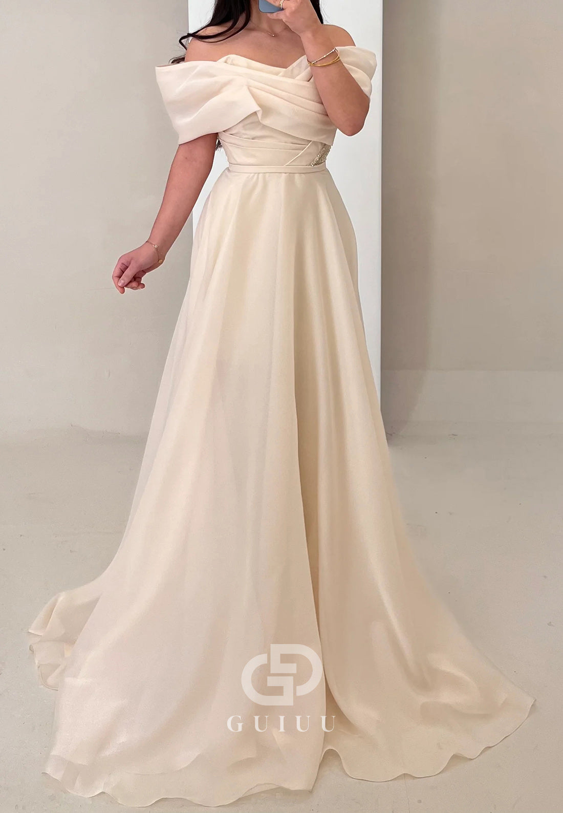 A-Line Evening Gown Off-Shoulder Pleated Formal Dress