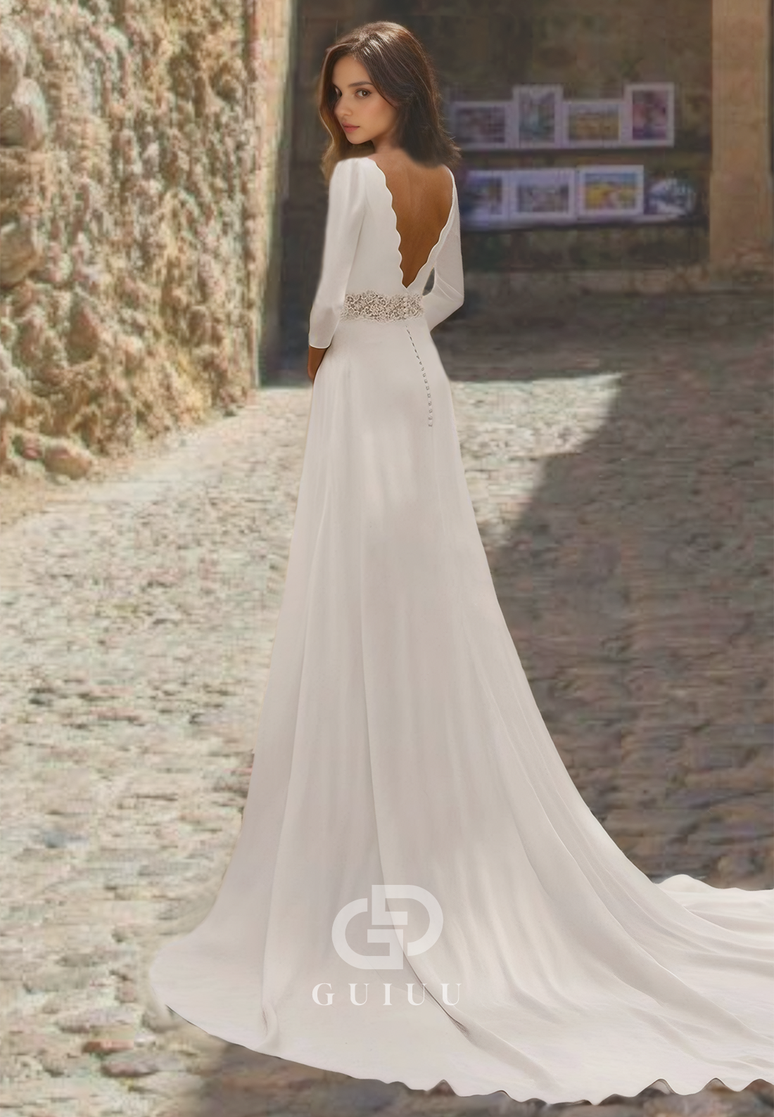 Backless A-Line Ivory Beaded Wedding Dress with Three Quarter Sleeves and Sweep Train