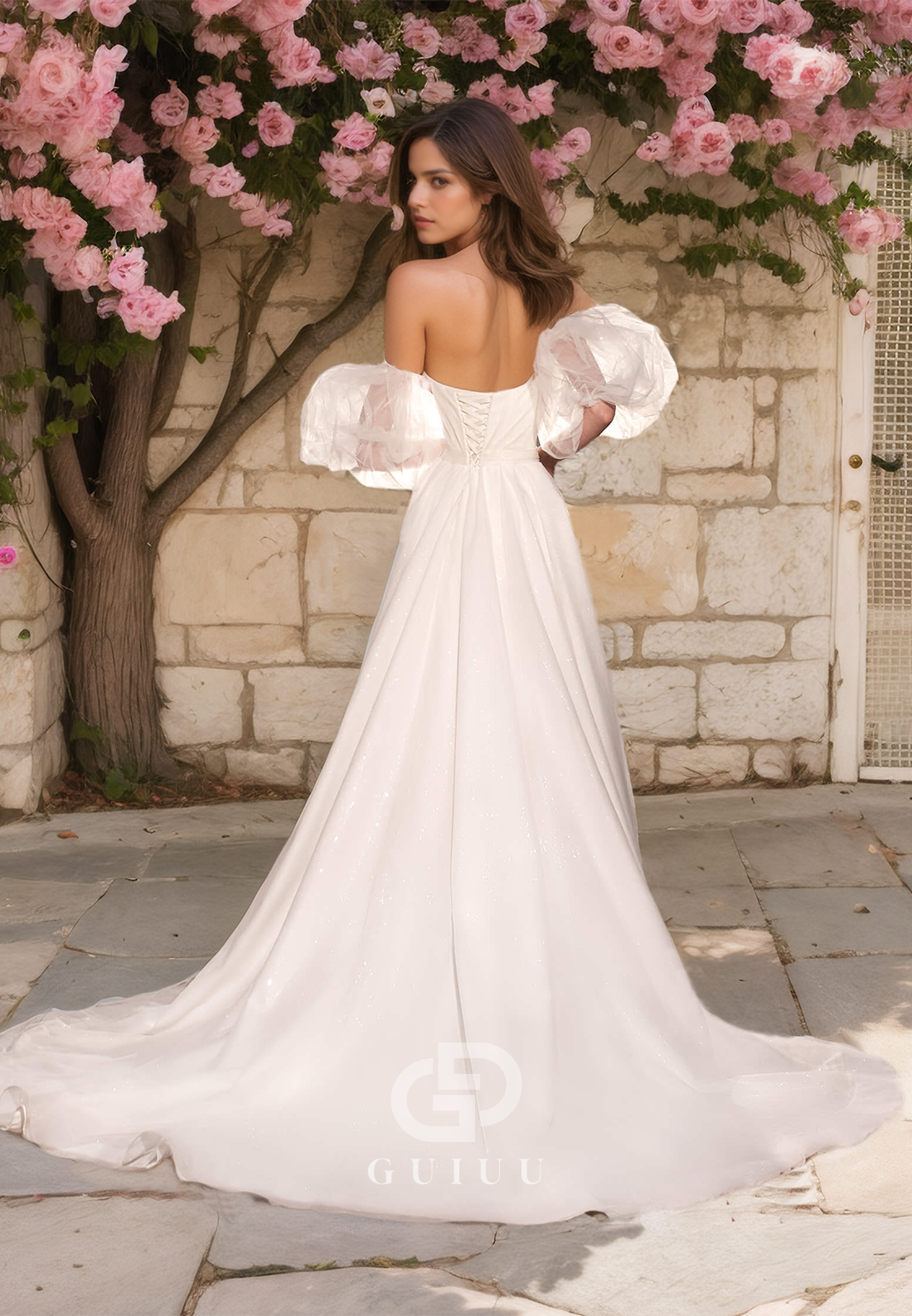 Backless Trumpet Off-Shoulder Pleated Sweetheart Wedding Dress with Sweep Train