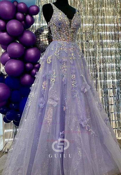 Ball Gown V-neck Tulle 3D Floral Prom Dresses With Appliques