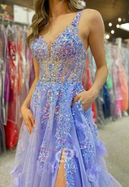 Ball Gown V-neck Tulle 3D Floral Prom Dresses With Appliques
