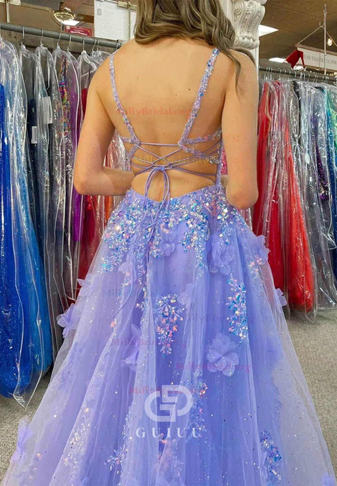 Ball Gown V-neck Tulle 3D Floral Prom Dresses With Appliques