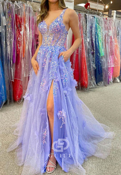 Ball Gown V-neck Tulle 3D Floral Prom Dresses With Appliques