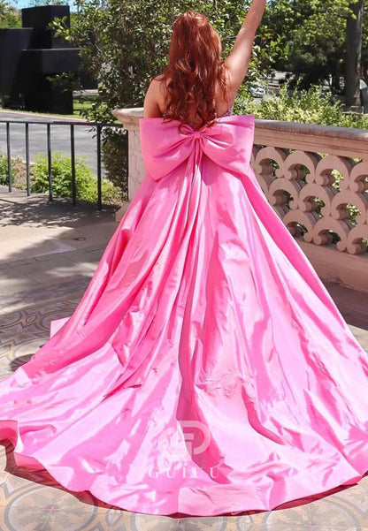 Beaded Pink Satin A-line Long Prom Dress with Bow