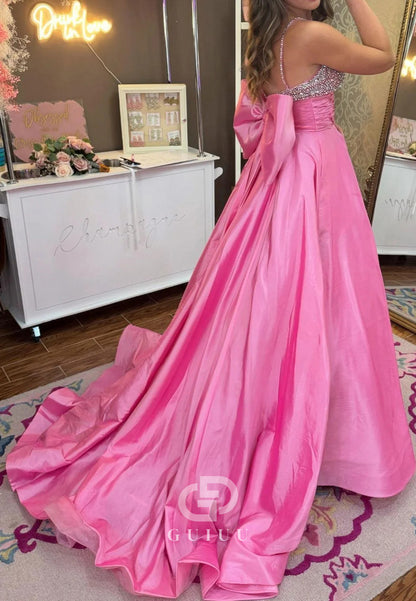 Beaded Pink Satin A-line Long Prom Dress with Bow