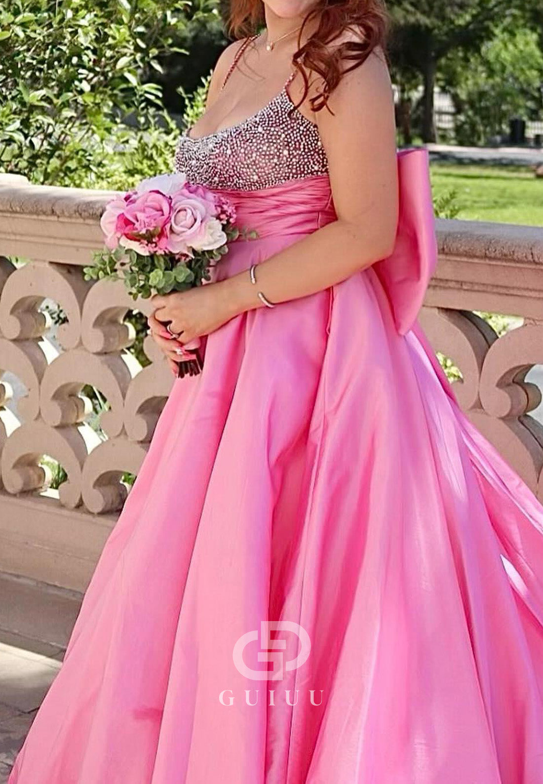 Beaded Pink Satin A-line Long Prom Dress with Bow