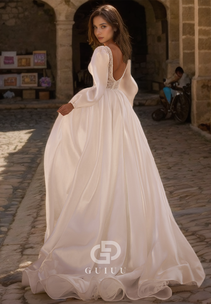 Beaded Plunging V-Neck A-Line Wedding Dress with Long Sleeves